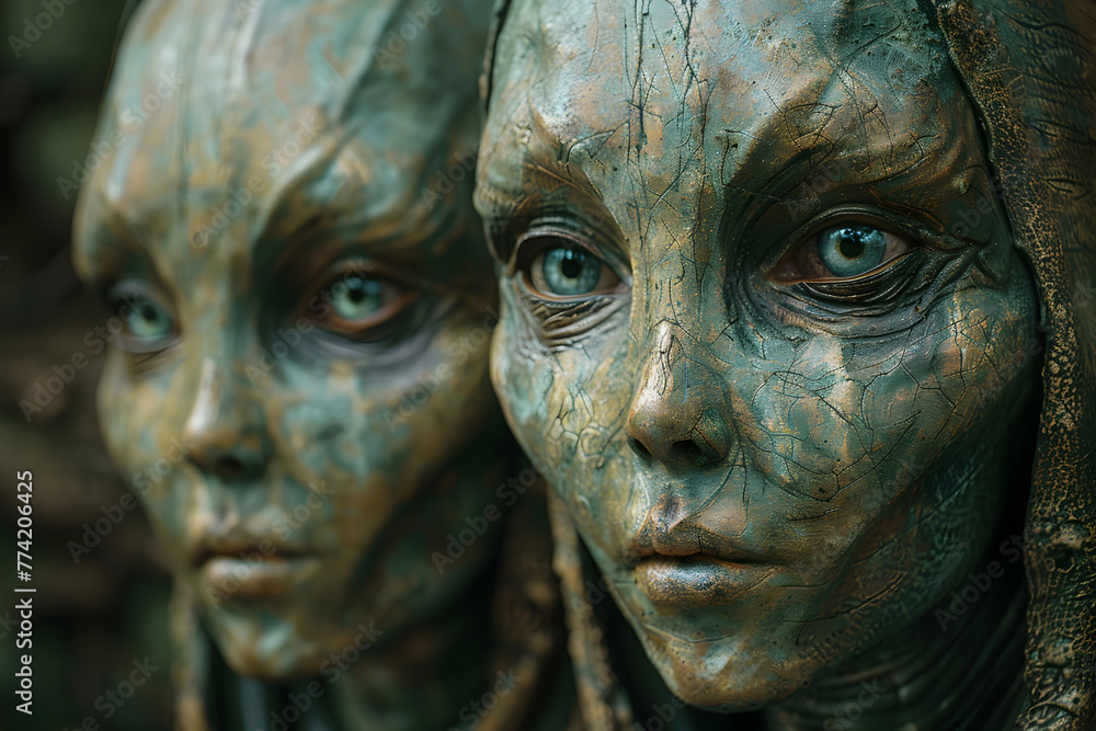 Enigmatic Alien Faces Showcasing Striking Digital Art Rendering