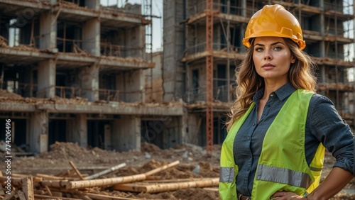 Portrait of a young female construction worker wearing safety helmet and overalls looking away while standing at construction site, International Worker's day, Labour Day, Health & safety at work