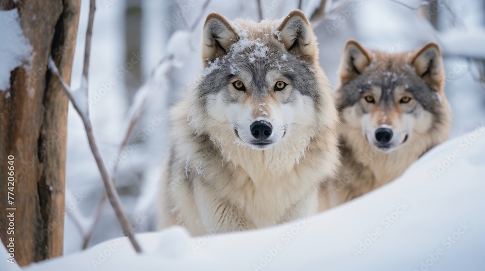 A pair of wolves in a snow covered forest a rare and amazing sight to witness