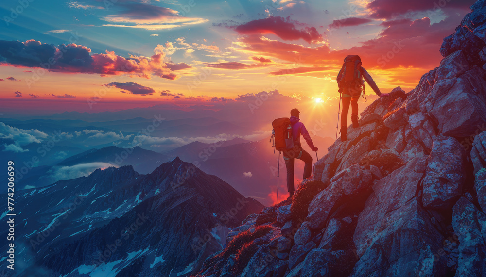 Two people are standing on a mountain by AI generated image