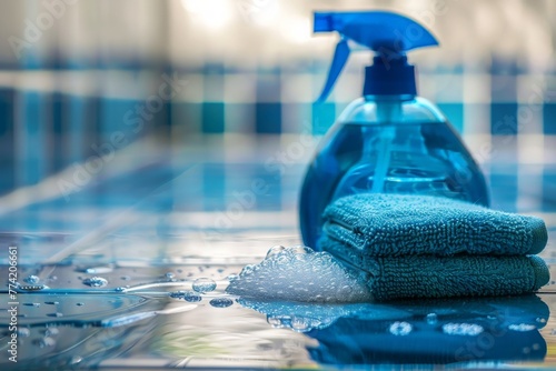 A close up of a vibrant blue mop next to a matching bottle of cleaner, creating a visually appealing and cohesive cleaning duo. photo