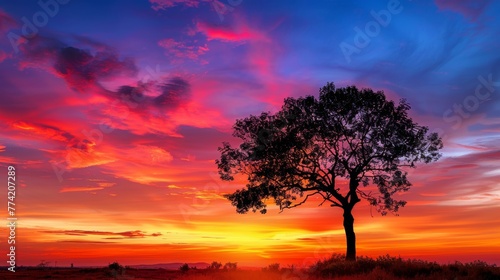 Lone tree stands against a vibrant sunset