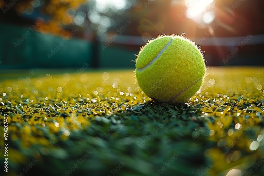 A detailed image of a fuzzy yellow tennis ball on a synthetic grass court with the sun rising in the background