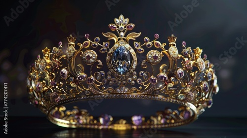 Create a regal depiction of a majestic crown, presenting an opulent display of gold and gemstones that radiate royalty and grandeur