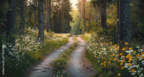 Winding country road flanked by blooming wildflowers and towering trees, leading to an unseen, serene destination.