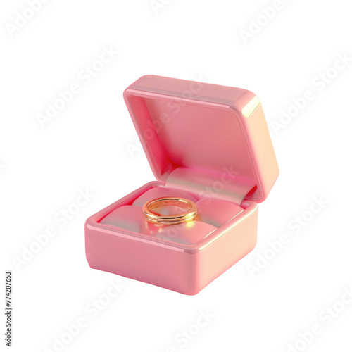 A pink box with a gold wedding ring inside