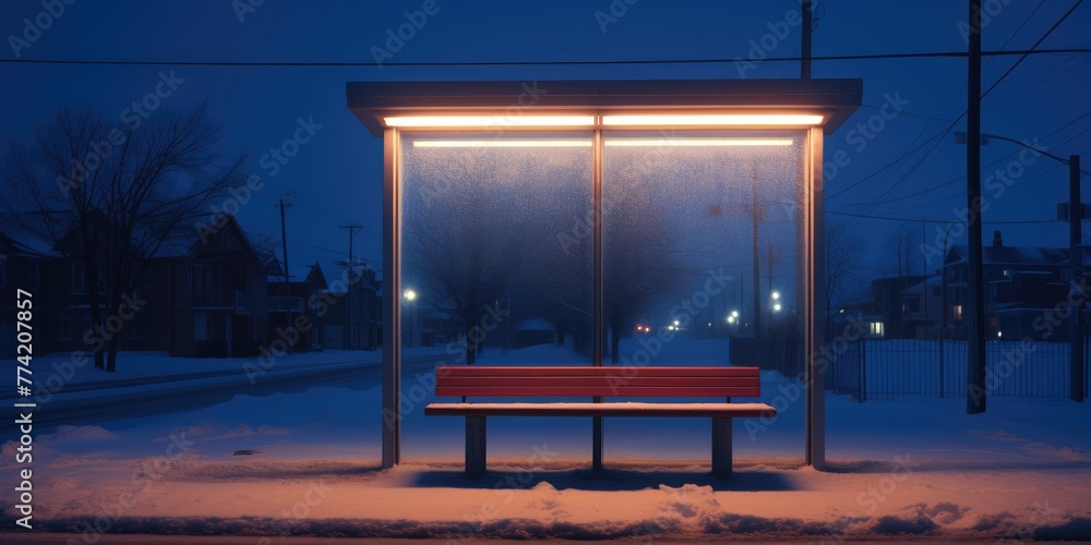 The bus stop bench stands vacant. The bus stop bench stands vacant.