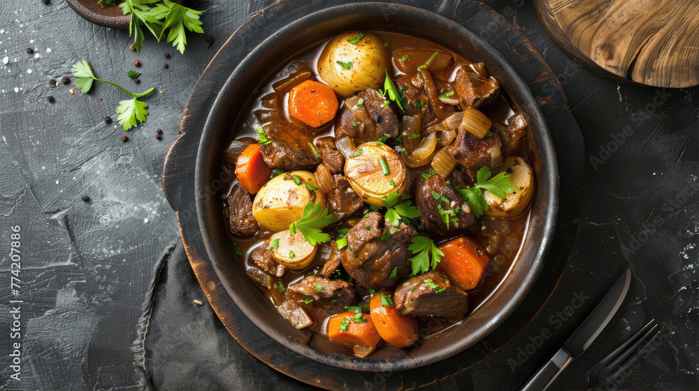 Potatoes baked in a pan with pieces of meat and vegetables Potatoes baked in a pan with pieces of meat and vegetables