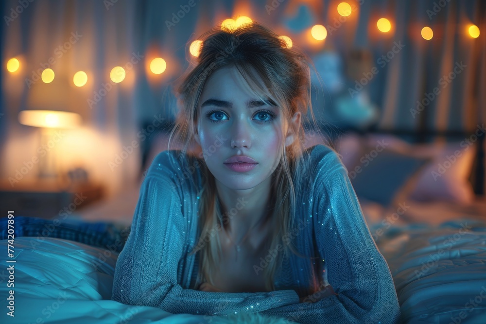 A woman in bed surrounded by sparkling festive lights, capturing a whimsical atmosphere A woman in bed surrounded by sparkling festive lights, capturing a whimsical atmosphere