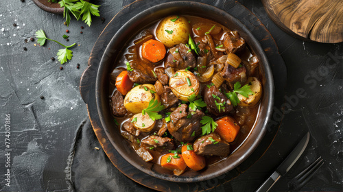 Potatoes baked in a pan with pieces of meat and vegetables