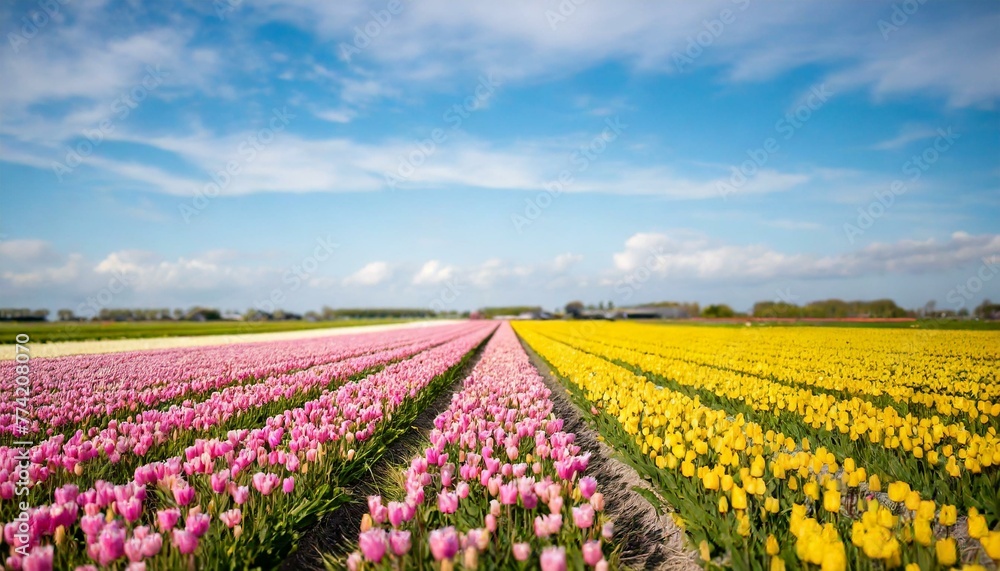 Beautiful landscape with blooming colourful tulip fields.
Blue sky, vivid colours.
Beautiful landscape with blooming colourful tulip fields.
Blue sky, vivid colours.