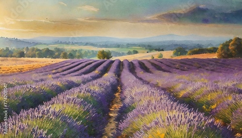 Beautiful blooming lavender flower fields landscape. Pastel colours, golden sunset light. 