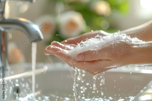 Close-up view of hands being washed under a stream of water, depicting hygiene and cleanliness