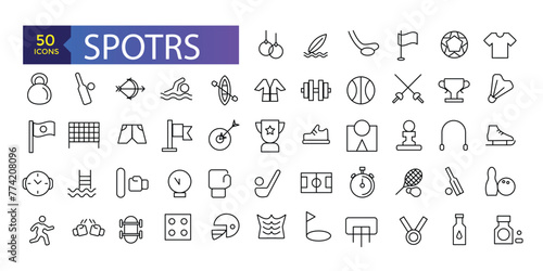 Collection of sports vector line icons. Icons of active lifestyle, hobbies, sports equipment and clothing.