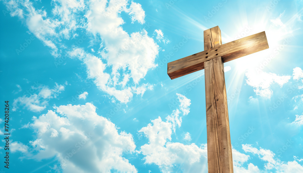 Heavenly Faith: Wooden Cross Against Blue Sky with Sun Rays Heavenly Faith: Wooden Cross Against Blue Sky with Sun Rays