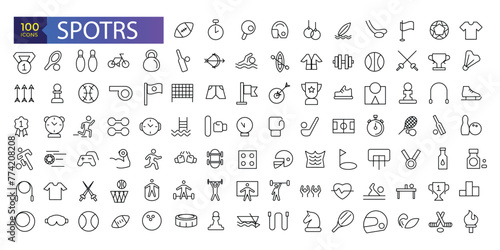 Collection of sports vector line icons. Icons of active lifestyle, hobbies, sports equipment and clothing.