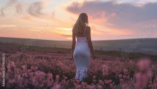 Woman in White Dress Amidst Purple Heather Fields at Sunset © John