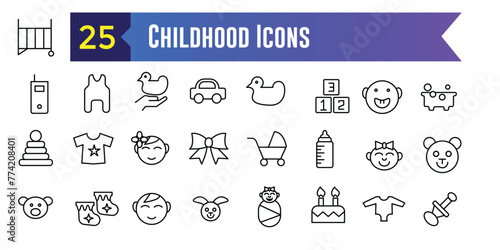 Childhood activity icons set outline vector. Kids development icon for ui design isolated. Outline icon collection. Editable stroke.