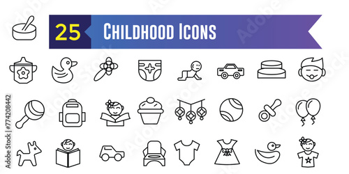 Childhood activity icons set outline vector. Kids development icon for ui design isolated. Outline icon collection. Editable stroke.