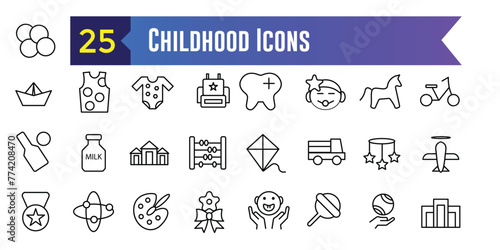 Childhood activity icons set outline vector. Kids development icon for ui design isolated. Outline icon collection. Editable stroke.
