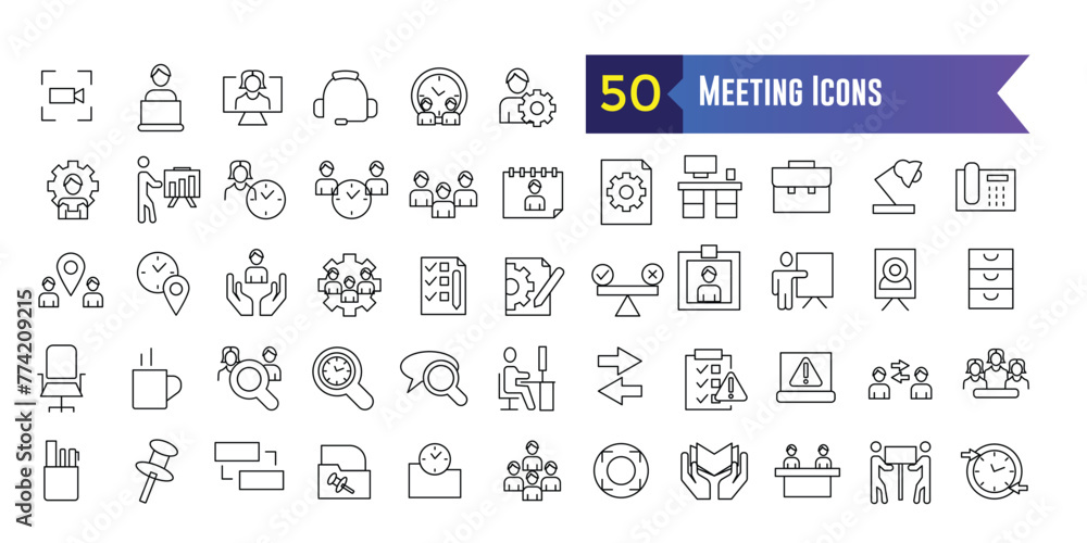 Meeting icons set. Outline set of online meeting vector icons for ui design. Outline icon collection. Editable stroke. Meeting icons set. Outline set of online meeting vector icons for ui design. Outline icon collection. Editable stroke.