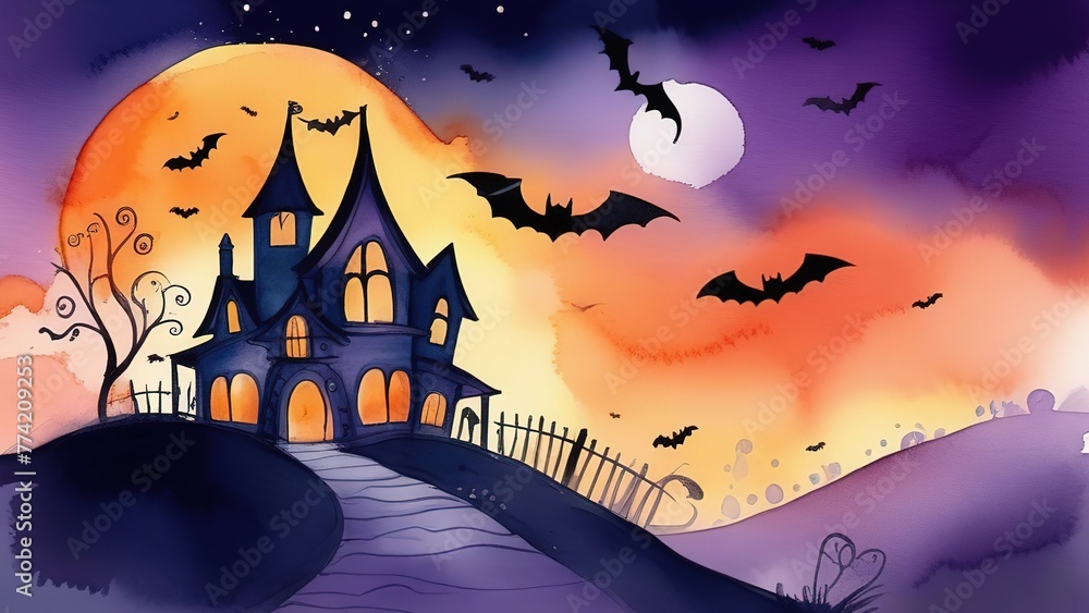 Halloween night with spooky house, pumpkins and bats, Halloween background. happy halloween