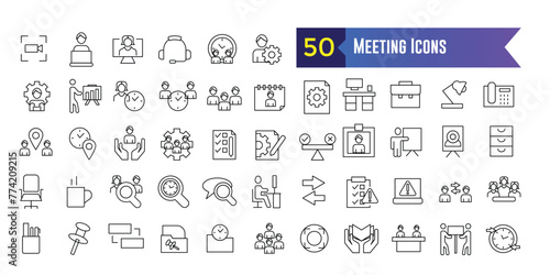 Meeting icons set. Outline set of online meeting vector icons for ui design. Outline icon collection. Editable stroke.