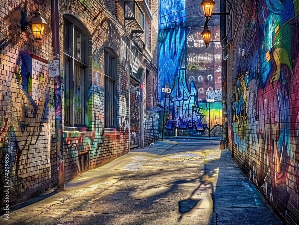 Fototapeta premium A graffiti covered alleyway with a street lamp in the middle