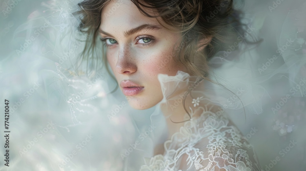 A soft-focus shot captures a model in a dreamy, lace-adorned dress, surrounded by a haze of soft light, evoking an ethereal, otherworldly fashion aesthetic A soft-focus shot captures a model in a dreamy, lace-adorned dress, surrounded by a haze of soft light, evoking an ethereal, otherworldly fashion aesthetic