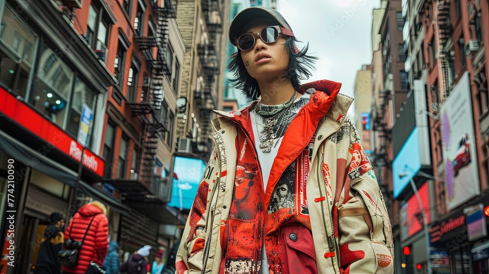 Fototapeta premium Caught in a candid moment on a bustling city street, a model's expressive streetwear ensemble tells a story of youth culture and urban dynamism