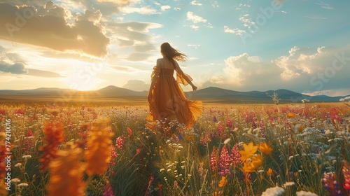 A model walks through a field of wildflowers, their bohemian dress flowing in the wind, capturing the spirit of freedom and the boho-chic lifestyle
