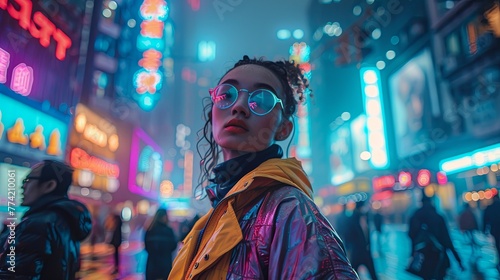 Amidst a bustling cityscape at night, a model stands illuminated by the neon lights, their futuristic outfit reflecting the vibrancy around them, showcasing modern urban couture