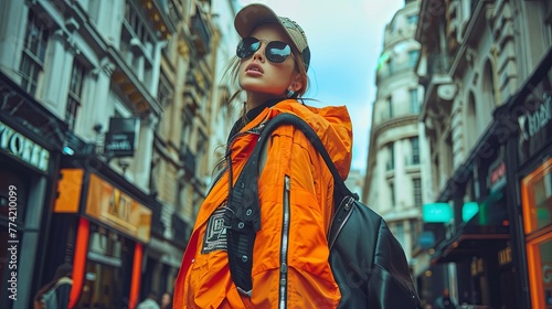 Caught in a candid moment on a bustling city street, a model's expressive streetwear ensemble tells a story of youth culture and urban dynamism