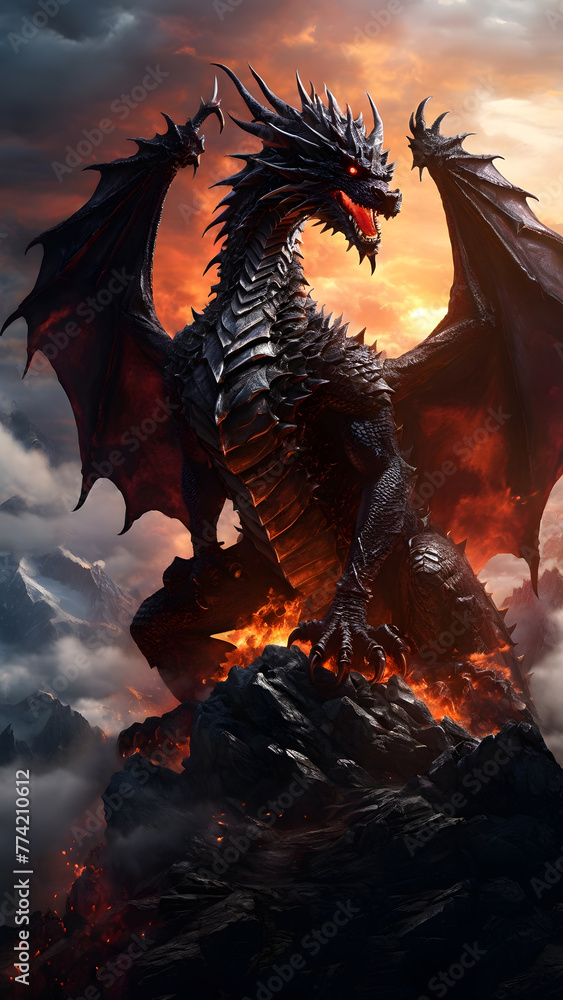 A majestic dragon in solitude, standing on a rock against the stunning canvas of a twilight sky, is ideal for mystery and fantasy mobile wallpapers. A majestic dragon in solitude, standing on a rock against the stunning canvas of a twilight sky, is ideal for mystery and fantasy mobile wallpapers.