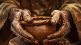 The potter's hands make a clay pot