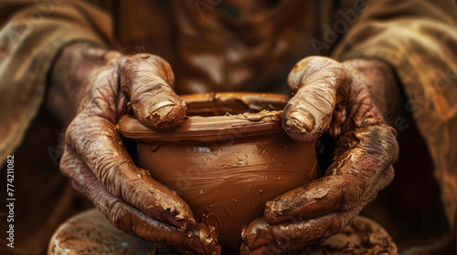 The potter's hands make a clay pot