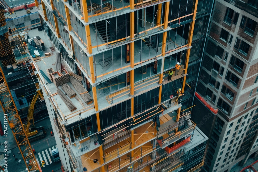 A construction site with a tall building in the background