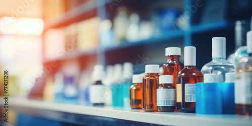 A pharmacy store with medicine standing on the shelves, blurred background
