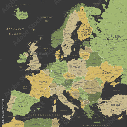 Europe - Highly Detailed Vector Map of the Europe. Ideally for the Print Posters. Green Black Yellow Golden Colors