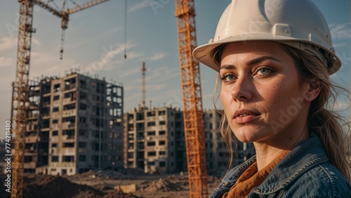 Portrait of a young female engineer in a white helmet on the background of a construction site. International Worker's day, Labour Day, Health & safety at work © i7 Goraya