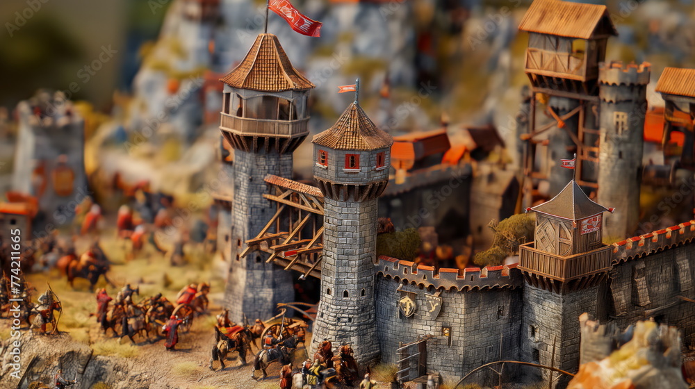 Siege of Stronghold. Catapults and Siege Towers Engaged in Desperate Assault Castle - obrazy, fototapety, plakaty 