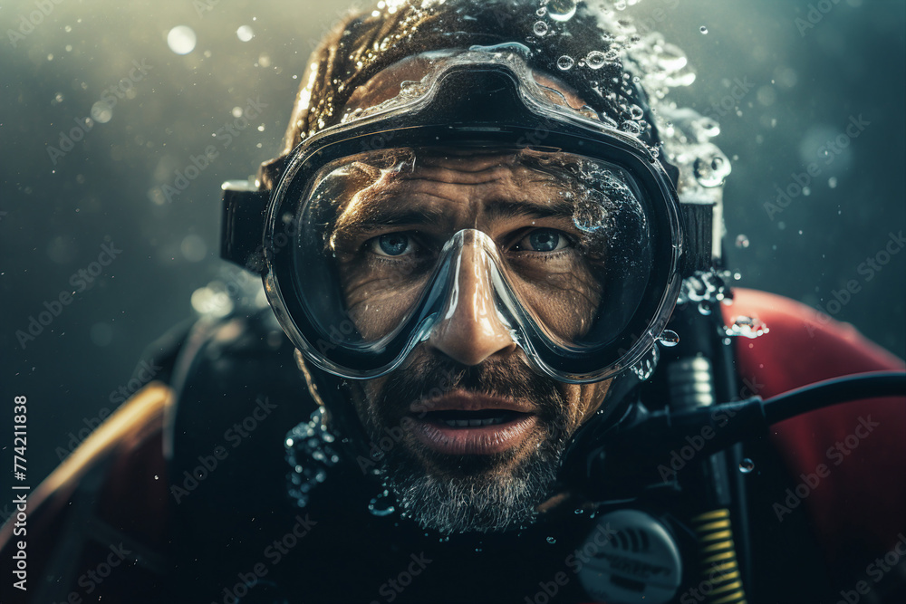 Scuba deep sea diver swimming in a deep ocean cavern ai generative Scuba deep sea diver swimming in a deep ocean cavern ai generative