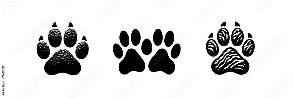 Set of Silhouette icon of Dog or cat paw print illustration, isolated over on transparent white background Set of Silhouette icon of Dog or cat paw print illustration, isolated over on transparent white background