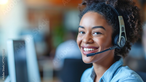 Woman working in call center, wearing headphones, happy smile. Technical support, hotline. Businesswoman call center agent looking at camera posing in customer service support office