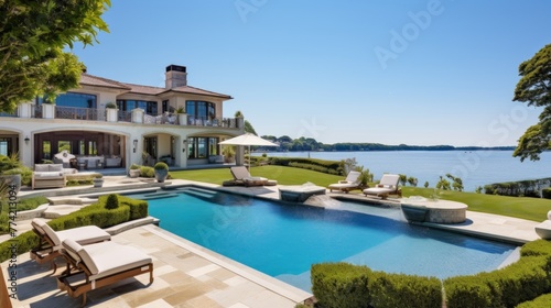 Mediterranean inspired villa with a sprawling garden and a private beach access in the exclusive Hamptons, New York