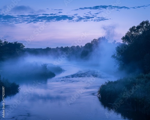 Wisps of fog dance over a river at dawn