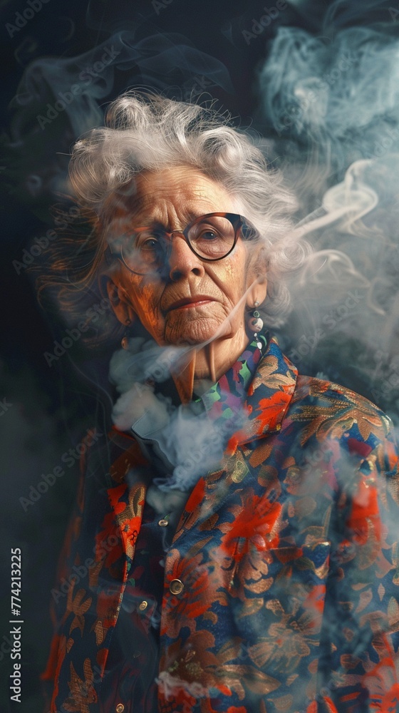 Smiling old lady from 2001 dressed in retro fashion with smoke