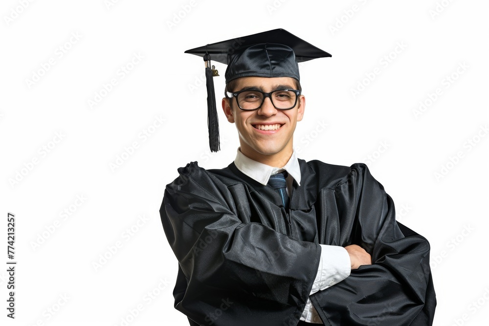 A happy graduate in cap and gown standing confidently, isolated on a white background. A happy graduate in cap and gown standing confidently, isolated on a white background.