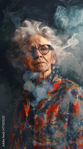 Smiling old lady from 2001 dressed in retro fashion with smoke