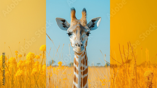 Giraffe standing in golden grassland, meeting the camera's gaze under a blue sky. Close-up high-resolution, natural habitat. Hues of yellow and blue divide the backdrop, enhancing the visual appeal